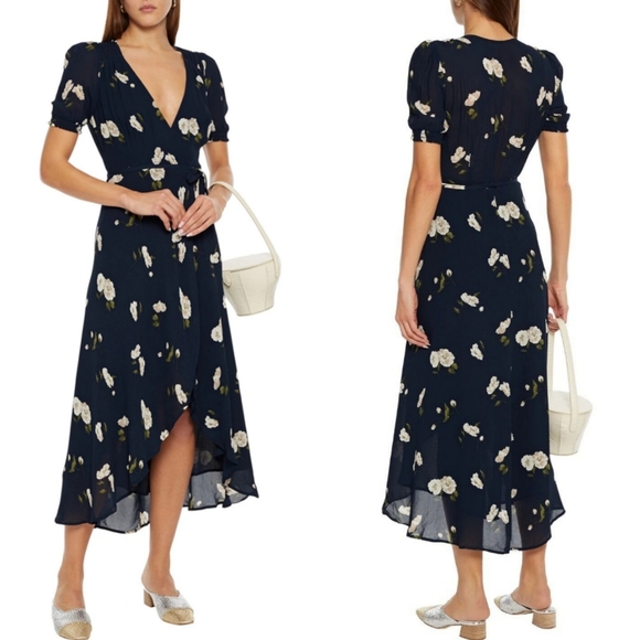 REFORMATION Bonnie Floral Print Crepe Midi Dress In Navy XS.